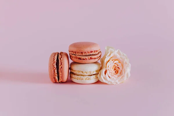 Lekkere Franse Macarons Met Zachte Rozenbloemen Een Roze Pastelachtergrond Plaats — Stockfoto