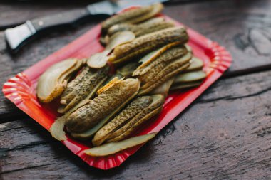 Piknik için lezzetli salatalık turşusu. Piknik menüsü. Yakın plan. Seçici odak.