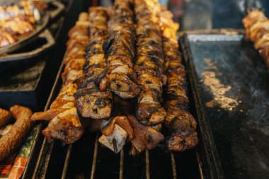 Barbeküde nefis ızgara et. Piknik menüsü. Seçici odak.