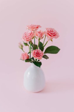 Pembe pastel arka planda vazoda duran güzel pembe gül çiçekleri. Metin için yer.