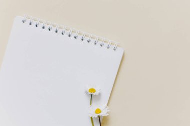 Boş sayfalı defter ve açık sarı arka planda papatya çiçekleri. Düz yatıyordu. Metin için yer.
