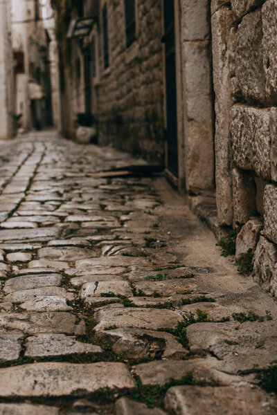 Cobblestones on the street of the old town Trogir, Croatia. Travel destination in Croatia.