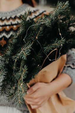 Bir demet ladin dalları ve kadın ellerinde Noel ışıkları. Kapat..