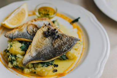 Beyaz tabakta ızgara Dorado filetosu, patates salatası ve parlak bir sos. Restoranda mükemmel bir akşam yemeği. Seçici odak.