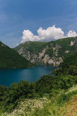 Piva Gölü 'nün ve dağların yaz günündeki muhteşem manzarası. Karadağ 'da seyahat hedefi.