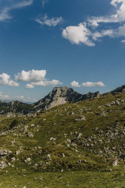 Karadağ 'ın Durmitor Ulusal Parkı' ndaki dağların güneşli bir yaz gününde inanılmaz manzarası. Karadağ 'da seyahat hedefi.