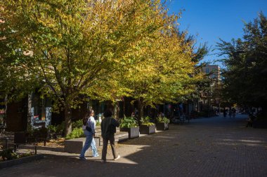 Ithaca, NY, USA - Oct 24, 2022: The Downtown Ithaca Commons, seen here during the autumn season, is a four-block, pedestrian-only home to unique stores and restaurants. Patrons walk under the foliage. clipart