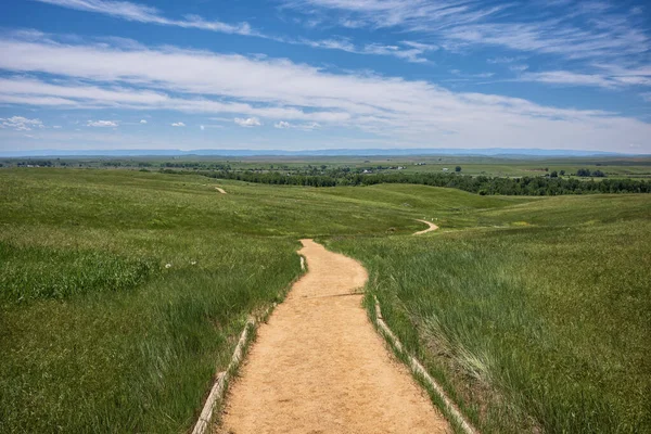 The Deep Ravine trail is a 1/2 mile round-trip trail that tours the basin of Last Stand Hill at Little Bighorn Battlefield, National Monument, pictured here on a sunny day.