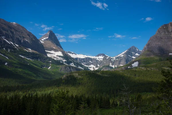 The view of the Iceberg Lake Trail at Glacier National Park, Montana where hikers needed to walk across a narrow path across two glaciers to complete the journey and view a valley of pine trees.
