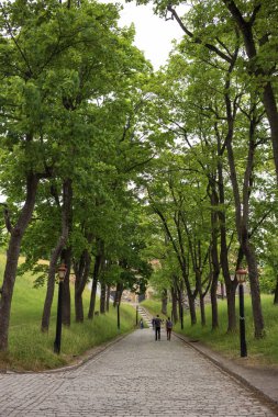 Oslo, Norveç, 19 Haziran 2023: Norveç, Oslo 'da Akershus Kalesi, Orta Çağ' da şehri korumak ve bir kraliyet konutu sağlamak için inşa edilmiştir. Bir çift tek şeritli yolda yürüyor.. 