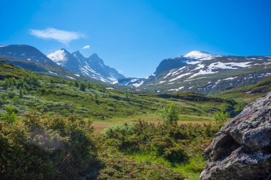 Norveç 'in Turtagro kentindeki Jotunheimen Ulusal Parkı' ndan görünen Ekrehytta sıradağları, yaz günü açık gökyüzü ile birlikte. Bölge turistler için popüler bir yürüyüş parkuru.. 