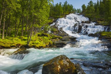 Norveç 'in Kvignadal yakınlarındaki Aurlandsfjellet' in kuzey kesiminde, açık bir yaz gününde burada gösterilen Vardahaugselvi Şelalesi görülebilir ve duyulabilir.. 