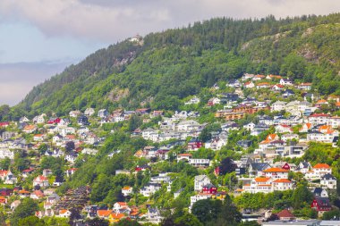 Norveç 'in Bergen şehrinde bir yaz öğleden sonra çekilmiş ev ve iş yerleri bir dağın kenarına inşa edilmiştir.. 