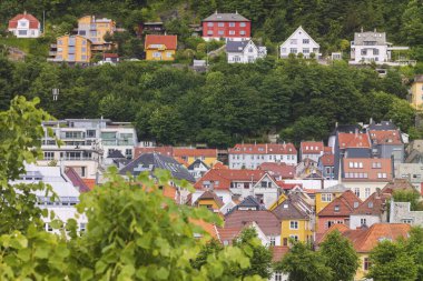 Norveç 'in Bergen şehrinde bir yaz öğleden sonra çekilmiş ev ve iş yerleri bir dağın kenarına inşa edilmiştir.. 