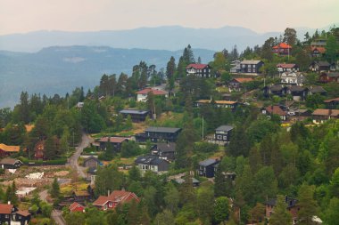 Norveç 'in Oslo şehrinde bir yaz öğleden sonra çekilmiş ev ve iş yerleri bir dağın kenarına inşa edilmiştir.. 