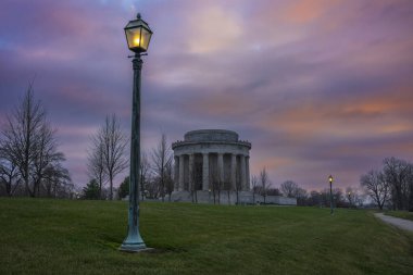 George Rogers Clark National Historical Park in Vincennes, Indiana, on the banks of the Wabash River at what is believed to be the site of Fort Sackville, pictured here at sunset.  clipart