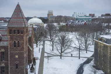 Cornell Üniversitesi, New York, Ithaca 'daki özel ve yasal Ivy League araştırma üniversitesi, bir kış günü çekilmiş, avluya bakan karla kaplı bir gün.. . 