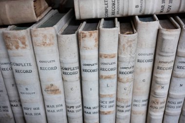 Kamu kayıtlarını içeren kitap yığınları halk kütüphanesinde bulunan bir kitaplıkta düzgünce düzenlenmiştir.. 