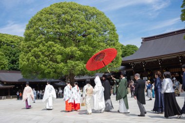 Tokyo, Japonya - 15 Haziran 2024: Bir yaz öğleden sonrası boyunca Meiji Jingu Tapınağı 'nda geleneksel bir Japon düğün töreni gerçekleşti.. 