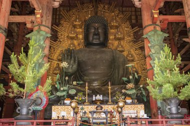 Nara, Japonya, 18 Haziran 2024: Antik Todaiji Tapınağı ve onun devasa Büyük Buda 'sı, bulutlu bir yaz günü, insansız bir şekilde resmedildi..  