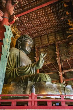 Nara, Japonya, 18 Haziran 2024: Antik Todaiji Tapınağı ve onun devasa Büyük Buda 'sı, bulutlu bir yaz günü, insansız bir şekilde resmedildi..  