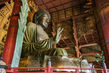 Nara, Japonya, 18 Haziran 2024: Antik Todaiji Tapınağı ve onun devasa Büyük Buda 'sı, bulutlu bir yaz günü, insansız bir şekilde resmedildi..  
