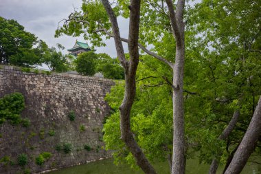 Osaka, Japonya, 23 Haziran 2024: Osaka Kalesi, günbatımında iç hendekten görülen Japonya 'nın en ünlü simgelerinden biridir..