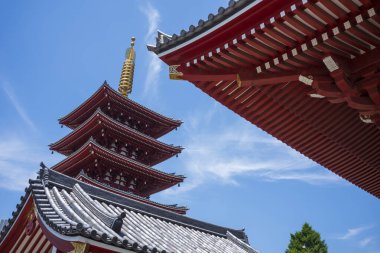 Tokyo, Japonya - 15 Haziran 2024: Tokyo 'nun en eski tapınağı Senso-Ji, parlak kırmızı Kaminarimon Kapısı, gök gürültüsü tanrısının heykeli ve beş katlı bir pagoda.