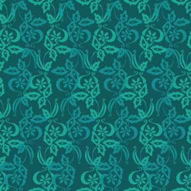 Teal stilize edilmiş kusursuz vektör deseni. Kumaş, kırtasiye, albüm kağıdı, hediye paketi, tekstil, arka plan ve ambalaj için tek renkli botanik yüzey baskısı tasarımı.