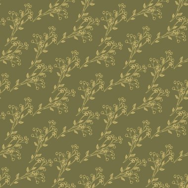 Yaban mersini dalları, zeytin yeşilinde kusursuz vektör deseni oluşturur. Kumaşlar için botanik yüzey baskısı tasarımı, kırtasiye, hatıra defteri kağıdı, hediye paketi, tekstil, gerileme ve ambalaj.