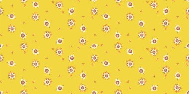 Bir çiçek sarı renkte kusursuz bir vektör deseni oluşturur. Kumaşlar, kırtasiye malzemeleri, hurda kağıtları, hediye paketi, tekstil, gerileme ve ambalaj için yazlık yüzey baskısı tasarımı.