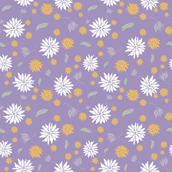 Una Pradera Floral Pastel Arrojar Patrón Sobre Fondo Púrpura Diseño — Vector de stock
