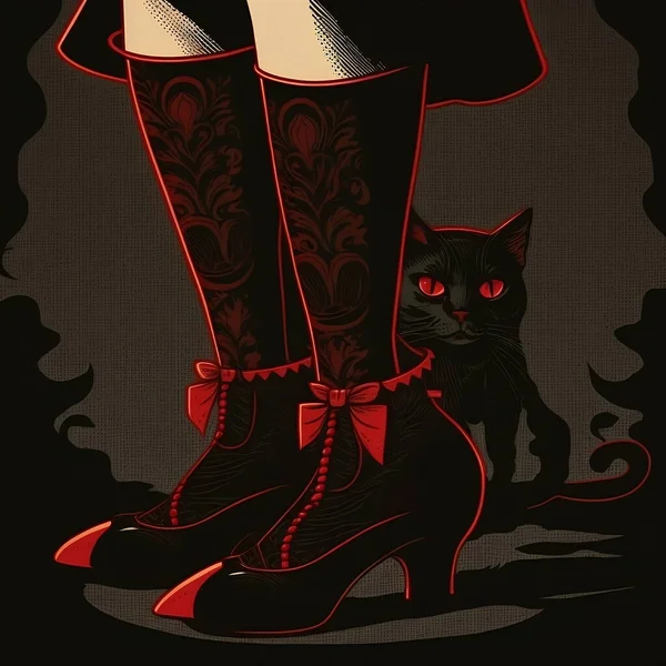 Generative Nogi Wiktoriańskiej Damy Staromodnych Butach Skarpetkach Czarny Kot Tle — Zdjęcie stockowe