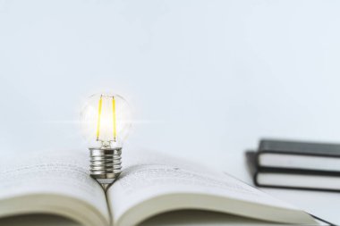 Book or textbook with bright lightbulb. Learning or training skill course or classroom online at home. Conceptual success idea of education knowledge or e-learning