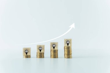 Lightbulb and arrow icon with coin. Idea of business financial fund or money investment planning. Success or growth concept of income, saving or earning.