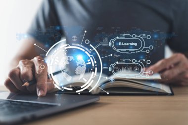 Businessperson or university student using laptop for online education learning or knowledge studying via internet at home. Distance learning and training course or class or e-learning via cyberspace