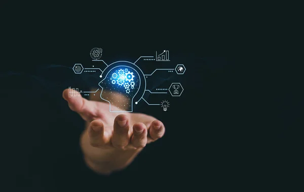 İş adamı diyagramı tutuyor, internet üzerinden çalışıyor. Dijital iş zekası çözümü, iletişim ve bağlantı teknolojisi. Mali ve bankacılık verileri, pazarlama bilgi analizi