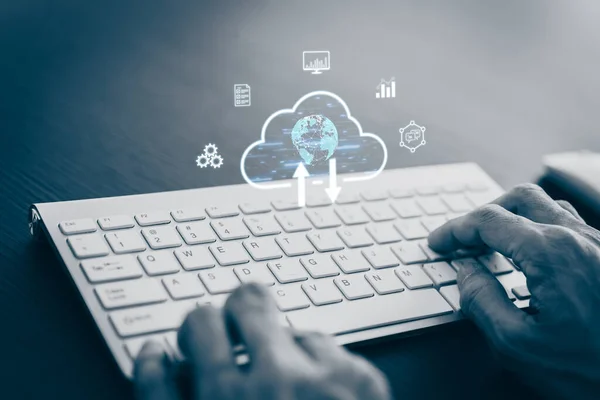 Man using cloud technology system with business information network. Online digital data storage and connection service for download or upload via cyberspace or server. Internet of Thing concept