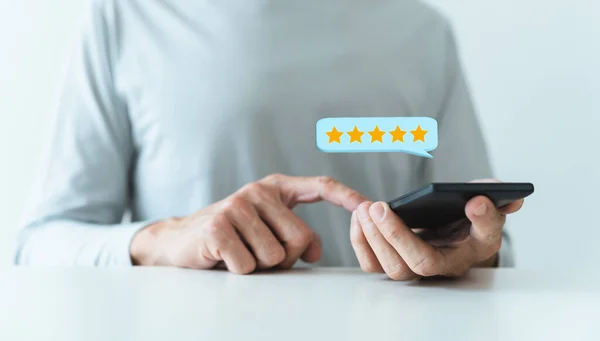 Happy customer or client review best product performance and excellent service quality feedback. Corporate or company positive reputation online survey, good evaluation rating and ranking
