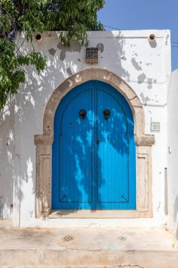 Geleneksel mavi kapılı, desenli fayanslar ve pembe çiçekli, Hara Sghira Er Riadh - Tunus 'tan Djerbahood