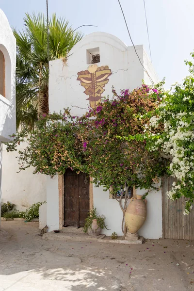 パターンとタイルを備えた伝統的なドア スギラ リヤド チュニジアのデジェロド — ストック写真