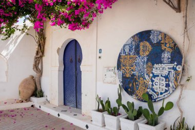 Hara Sghira Er Riadh, TUNISIA - 24 Haziran 2023 Geleneksel mavi kapılı desenli ve pembe çiçekli, Hara Sghira Er Riadh - Tunus 'taki Djerbahood