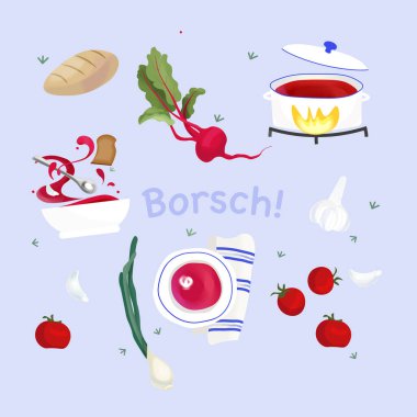  Borç ve sebzelerin vektör çizimi, pancar çorbası, yemek pişirme