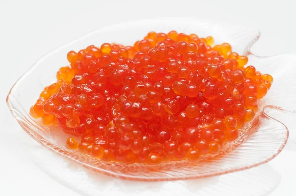 Caviar Saumon Rouge Sur Une Plaque Verre Forme Poisson — Photo