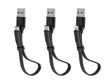 Beyaz arkaplanda C tipi USB USB Lightning konnektörü olan kablo