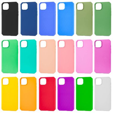 İzolasyon kolajında beyaz bir arkaplanda telefon için silikon kutular