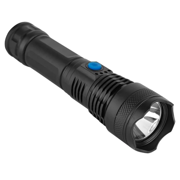 Battery-powered LED hand flashlight, on white background in insulation