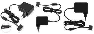 Yalıtımda beyaz arkaplanda dizüstü bilgisayar güç adaptörü ve bilgisayar yedek parçası