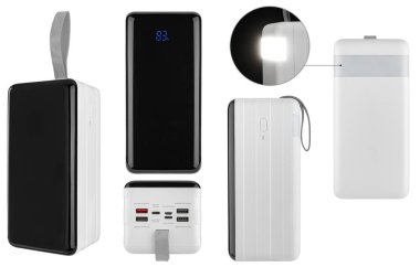 Telefonunuzu şarj etmek için harici taşınabilir pil ve diğer cihazları izolasyonda beyaz bir arka planda kullanmak için