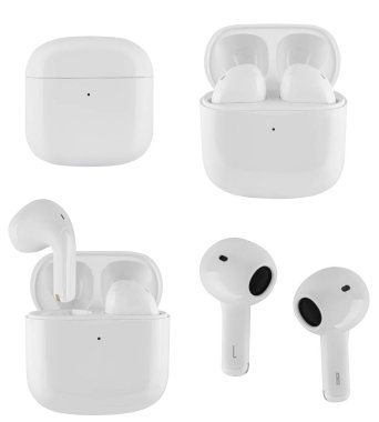 Kablosuz akustik kulaklıklar, telefon aksesuarları, izolasyonda beyaz arka planda.